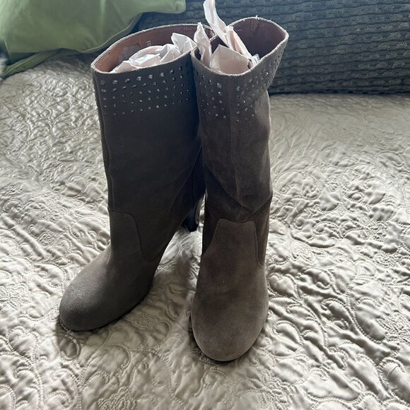 Dark Green Suede Mid-Calf Boots With Rhinestone Accents - Picture 9 of 12